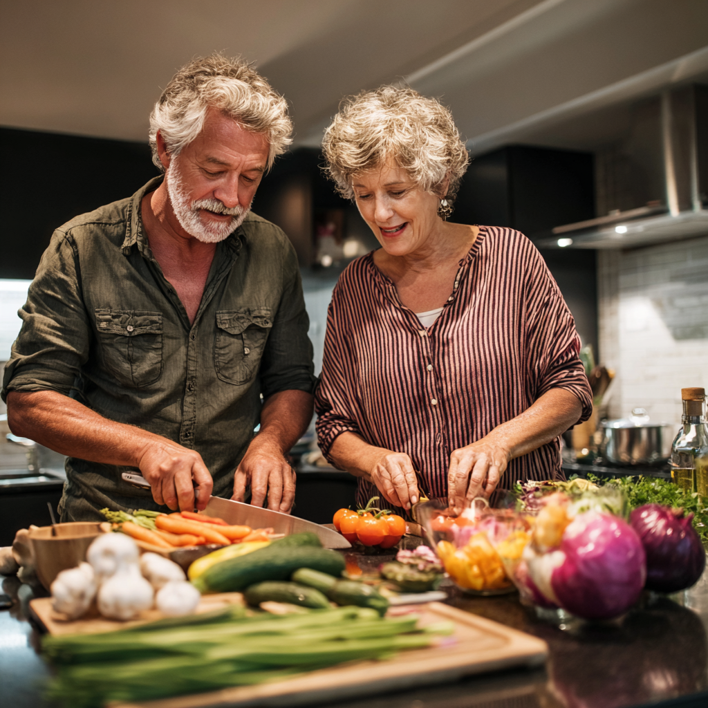 mature adults preparing healthy meals together in modern kitchen