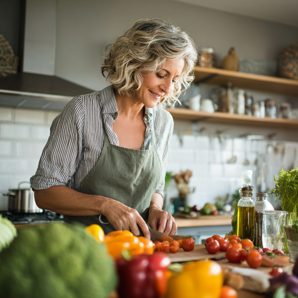 middle-aged woman preparing colorful healthy meal with vegetables