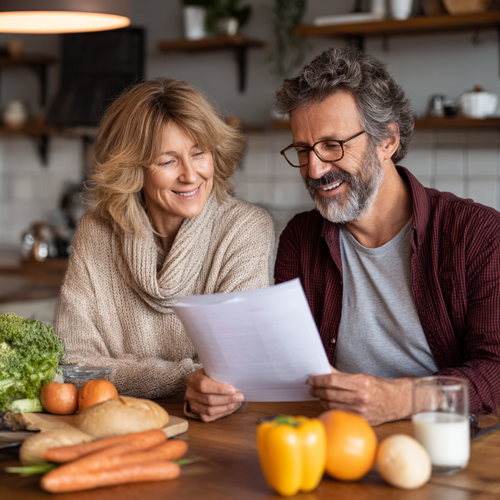 satisfied mature couple reviewing their meal planning results